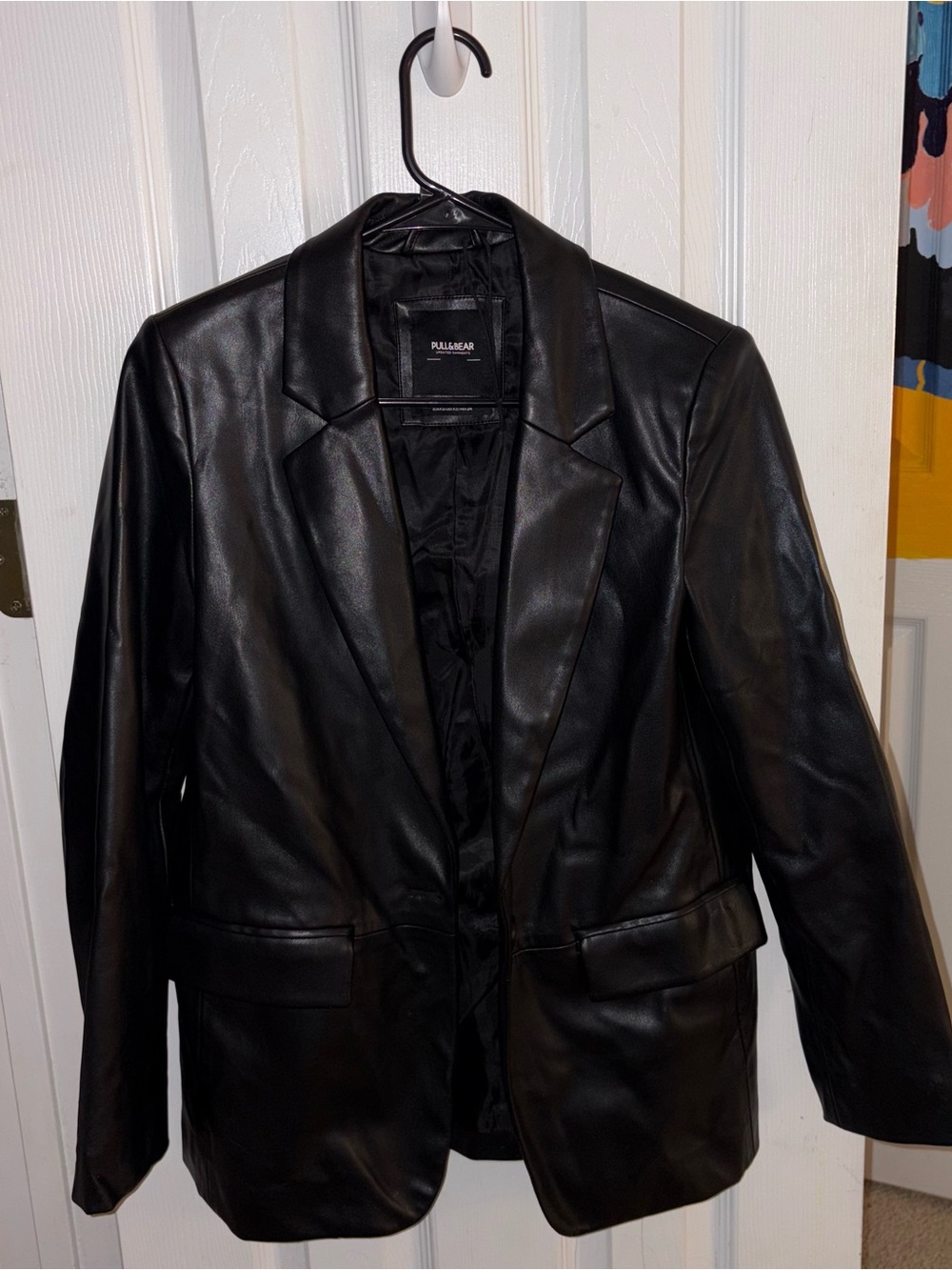 Pull&Bear Women's Black Faux Leather Blazer Jacket